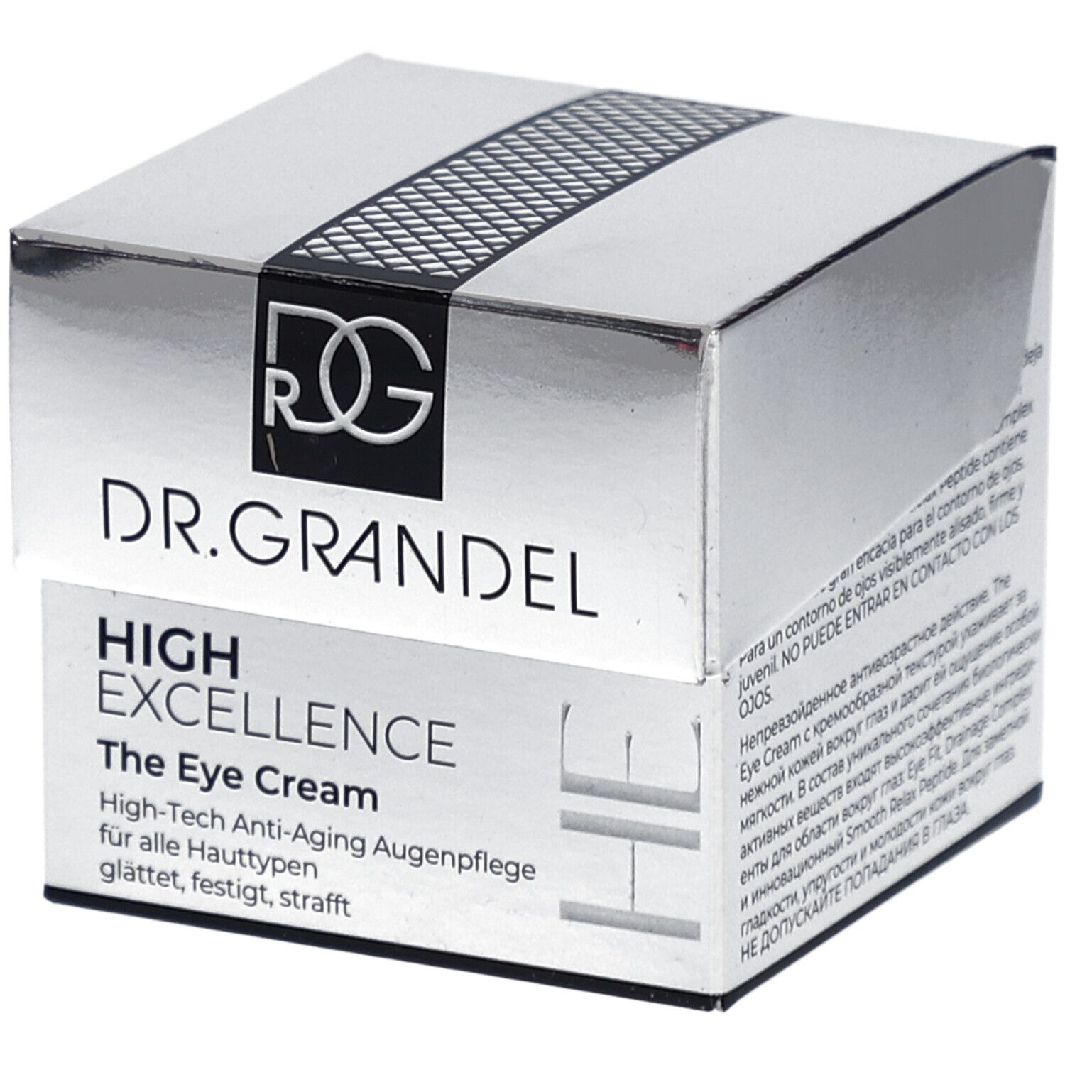 Boîte pliante argentée avec logo et nom du produit. Inscription : DR. GRANDEL, HIGH EXCELLENCE The Eye Cream. Soin anti-âge.
