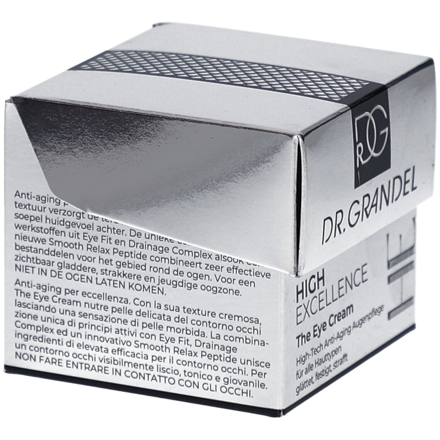 Boîte pliante argentée avec logo et nom du produit. Texte : DR. GRANDEL, HIGH EXCELLENCE The Eye Cream. Partiellement ouverte, texte visible.
