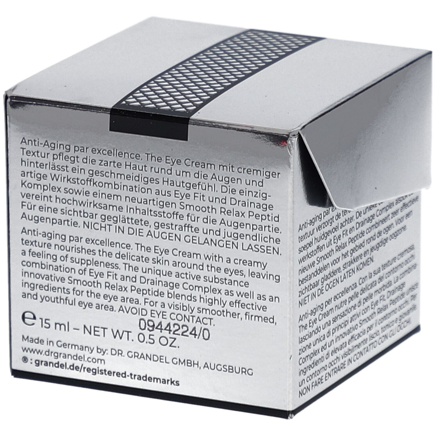 Boîte pliante argentée avec logo et nom du produit. Texte : DR. GRANDEL, HIGH EXCELLENCE The Eye Cream. Dos avec texte et ingrédients.