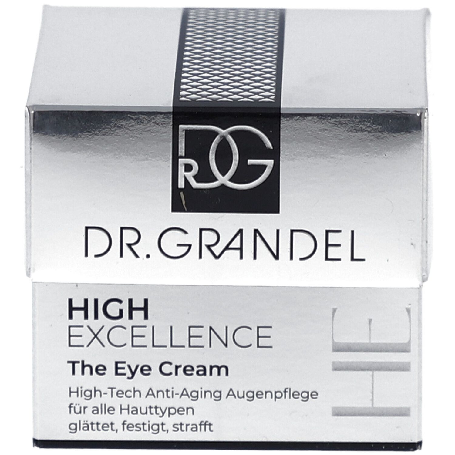 Boîte pliante argentée avec logo et nom du produit. Inscription : DR. GRANDEL, HIGH EXCELLENCE The Eye Cream. Soin anti-âge.