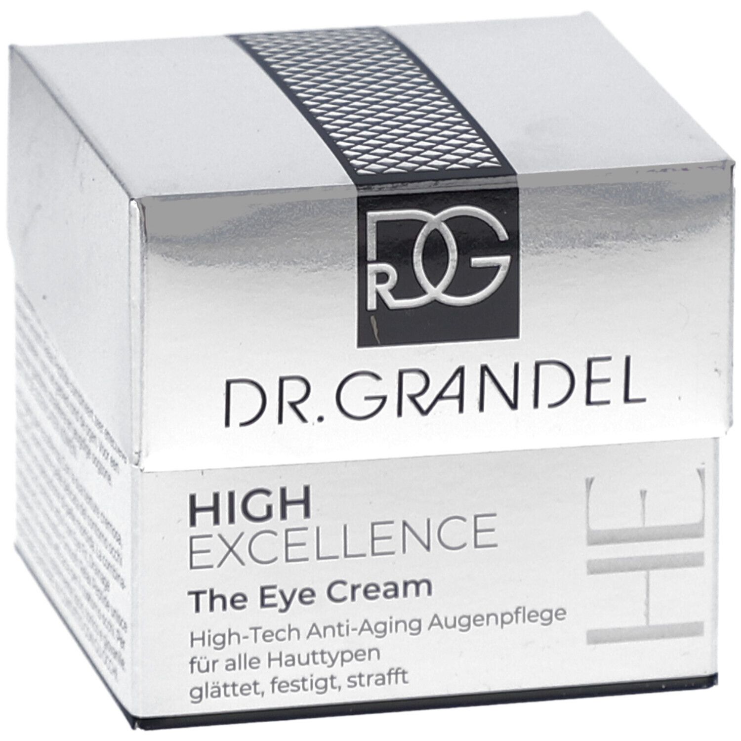 Boîte pliante argentée avec logo et nom du produit. Inscription : DR. GRANDEL, HIGH EXCELLENCE The Eye Cream. Soin anti-âge.