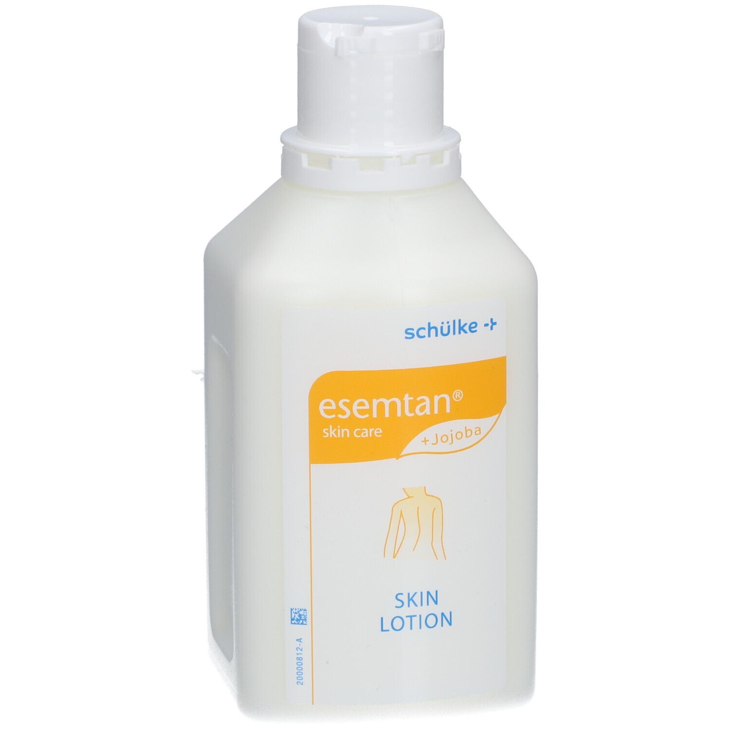 Flacon de lotion pour la peau. Récipient blanc avec bouchon rabattable. Étiquette avec nom du produit et ingrédients.