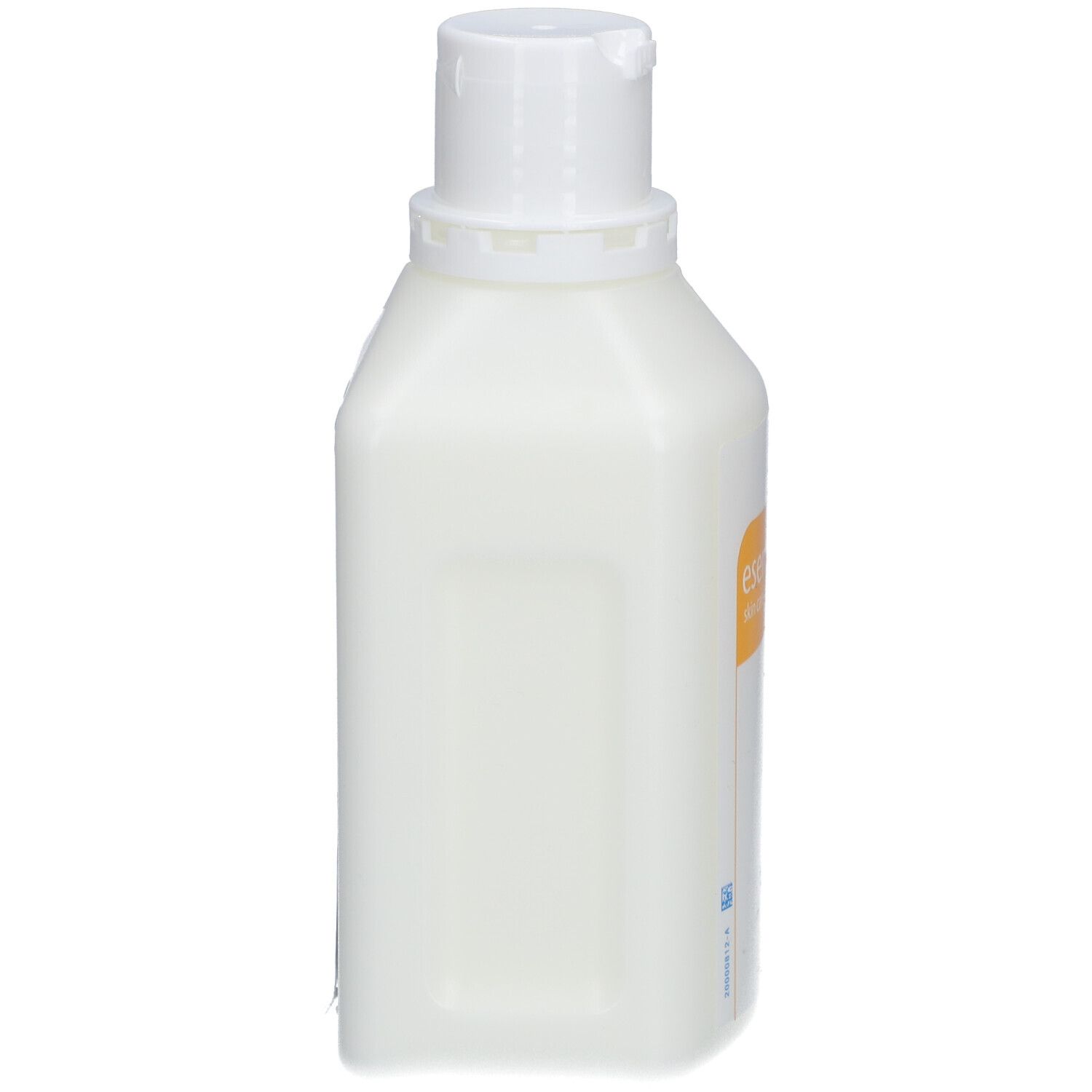 Flacon de lotion pour la peau. Récipient blanc rectangulaire avec bouchon rabattable. Vue latérale.