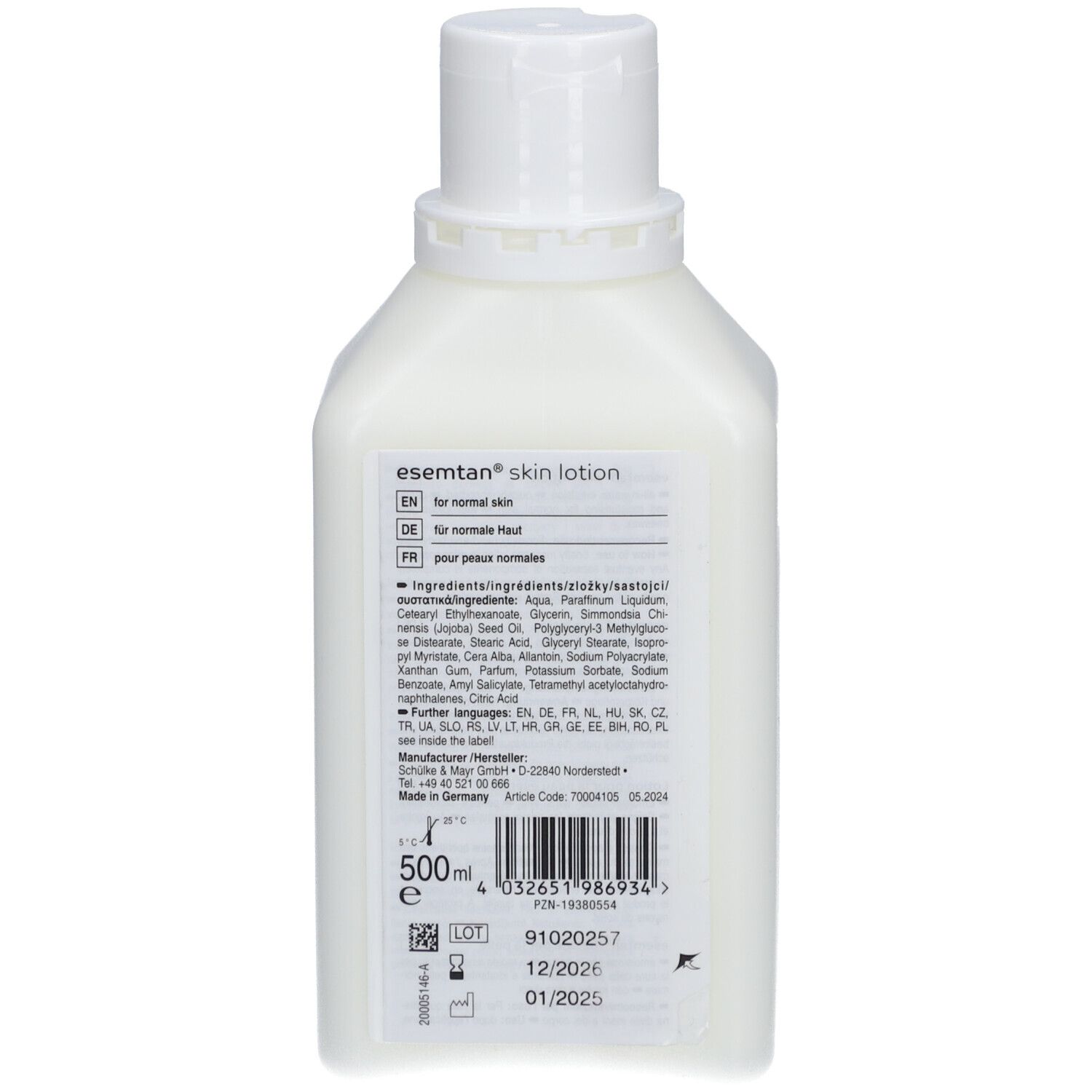 Dos du flacon de lotion pour la peau. Contient des informations sur le produit, les ingrédients et les détails du fabricant.