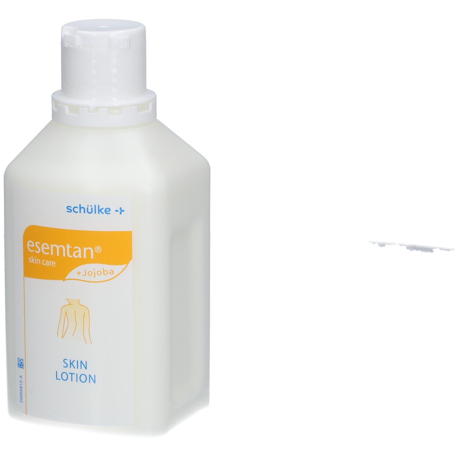Flacon de lotion pour la peau. Récipient blanc avec bouchon rabattable. Étiquette avec nom du produit et ingrédients.