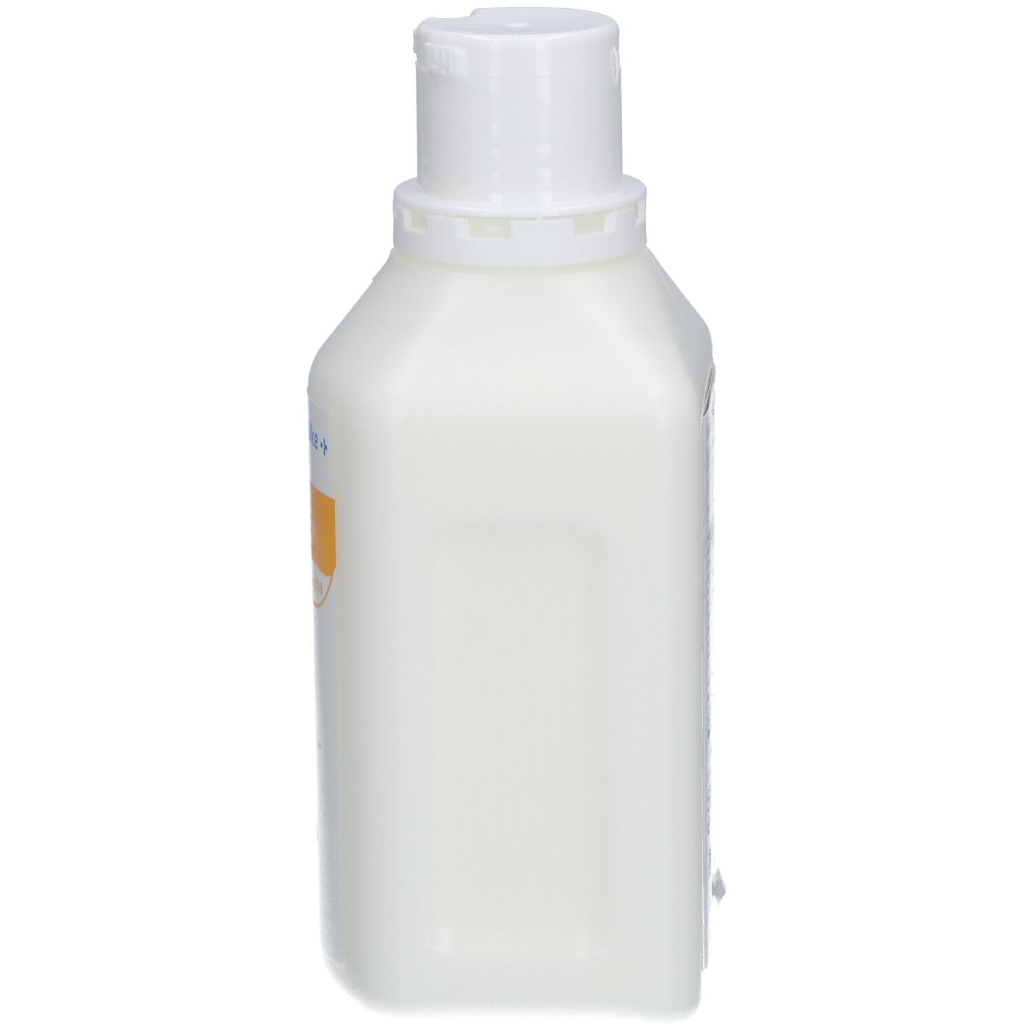 Flacon de lotion pour la peau. Récipient blanc rectangulaire avec bouchon rabattable. Vue latérale.