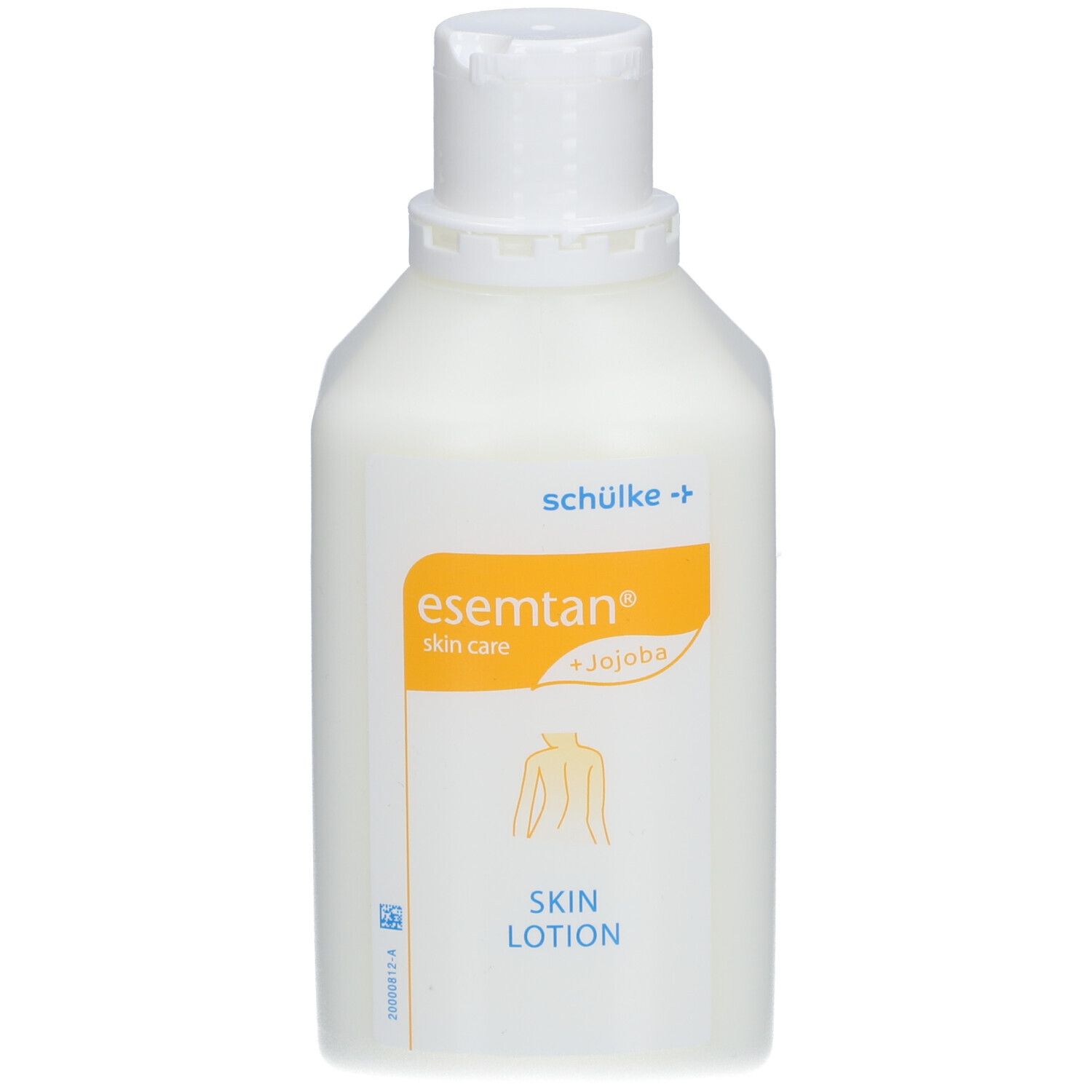 Flacon de lotion pour la peau. Récipient blanc avec bouchon rabattable. Étiquette avec nom du produit et ingrédients.