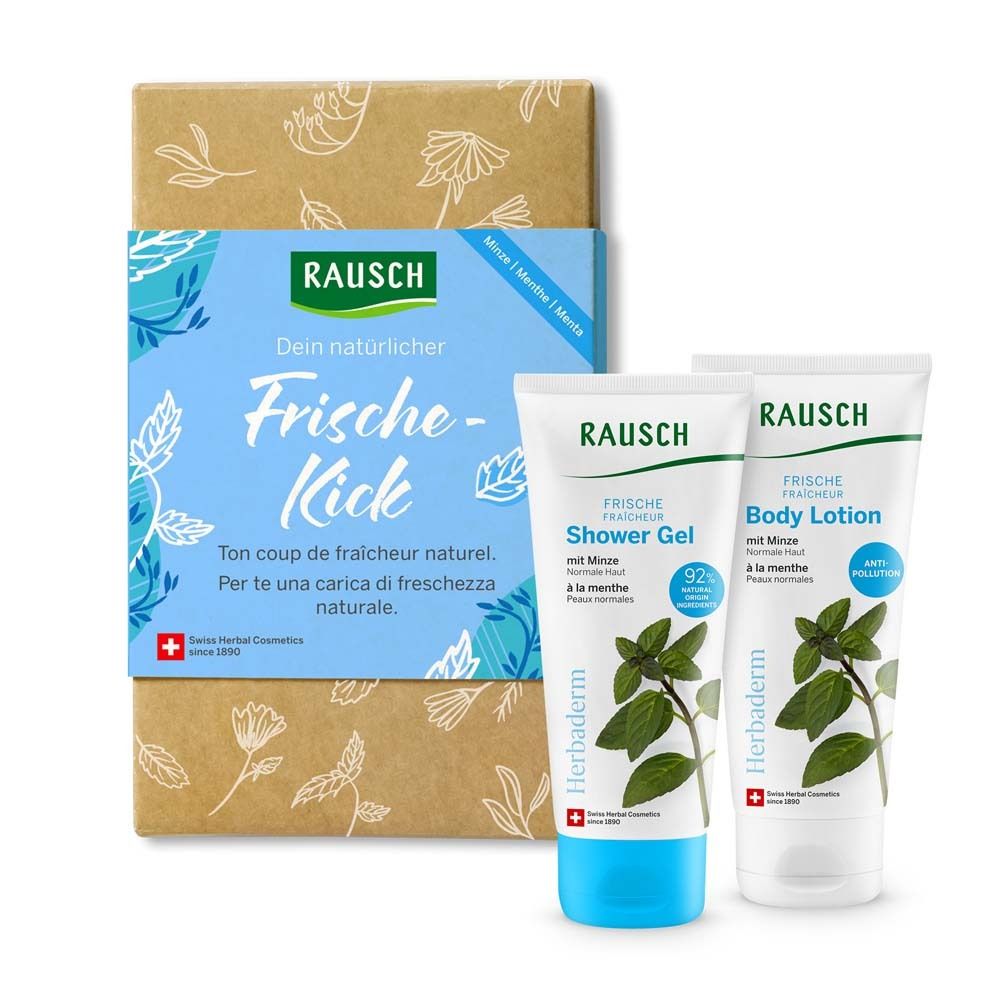 Coffret cadeau avec deux tubes et un emballage. "Frische-Kick" est écrit sur l'emballage.