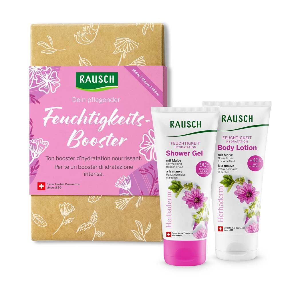 Coffret cadeau avec deux tubes et une boîte. Contient gel douche et lotion corporelle. Tubes roses et blancs.