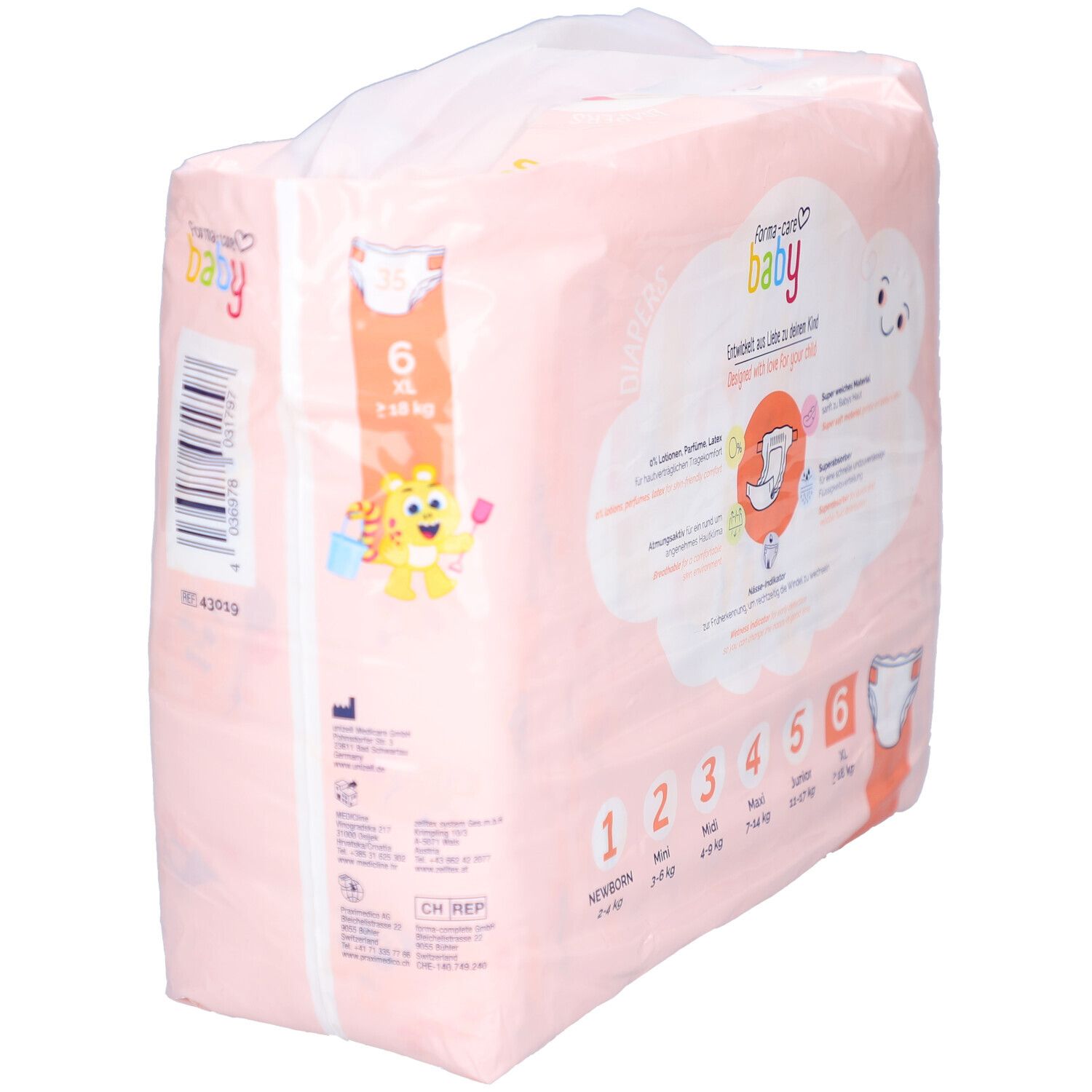 Paquet rose de couches forma-care baby. Vue latérale avec tailles. Inscription: tailles 1-6 et logo.