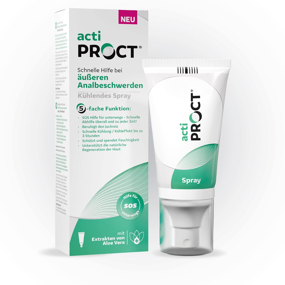 Spray blanc avec accent vert et emballage. Inscription : actiPROCT, Spray rafraîchissant. Nouveau.