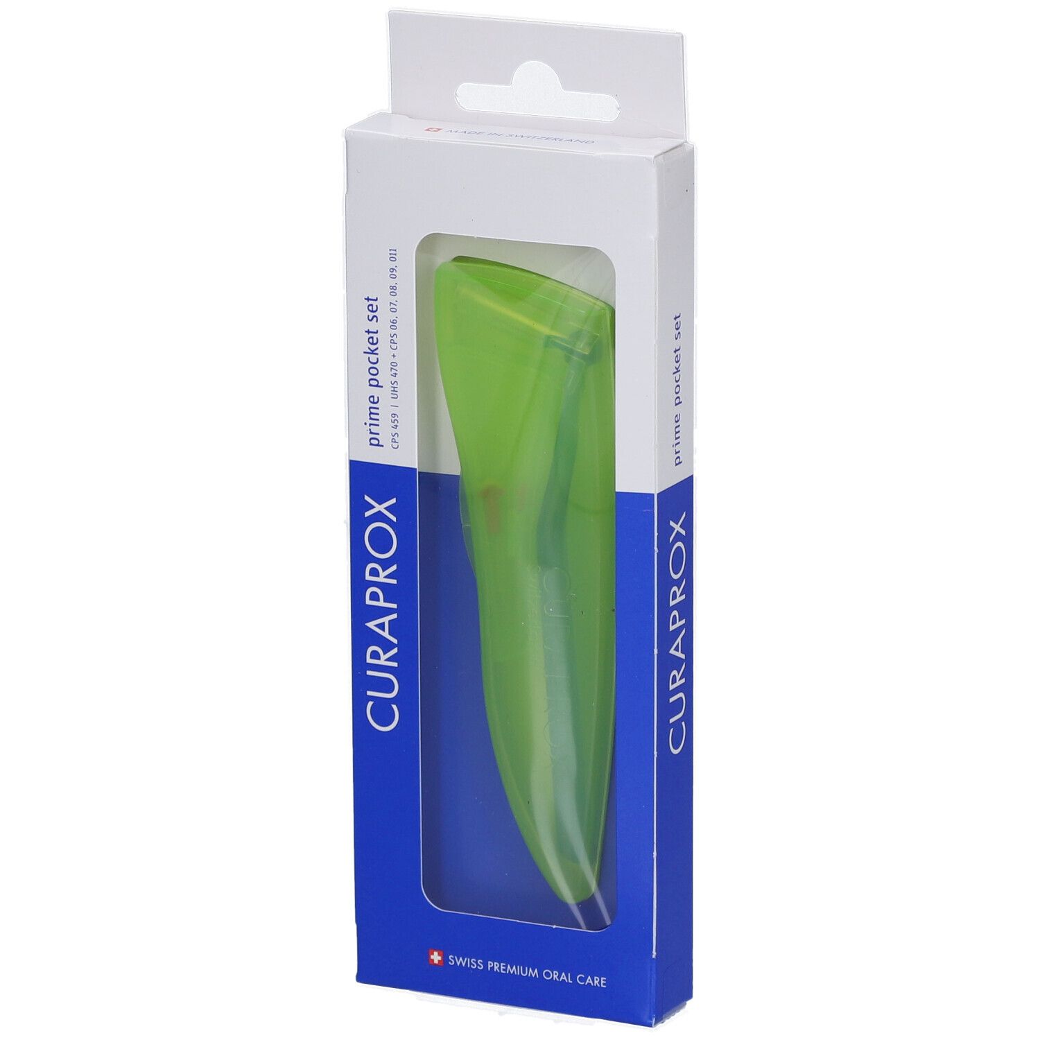 Emballage avec produit vert. CURAPROX et prime pocket set visibles.
