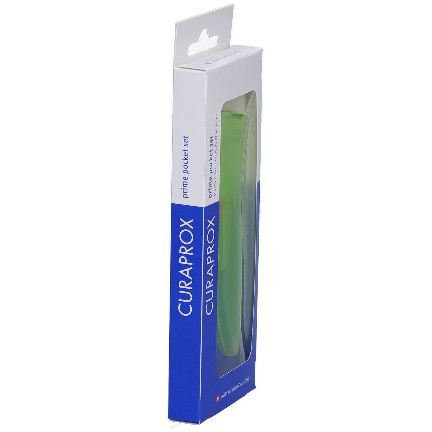 Emballage étroit avec produit vert. CURAPROX et prime pocket set visibles.