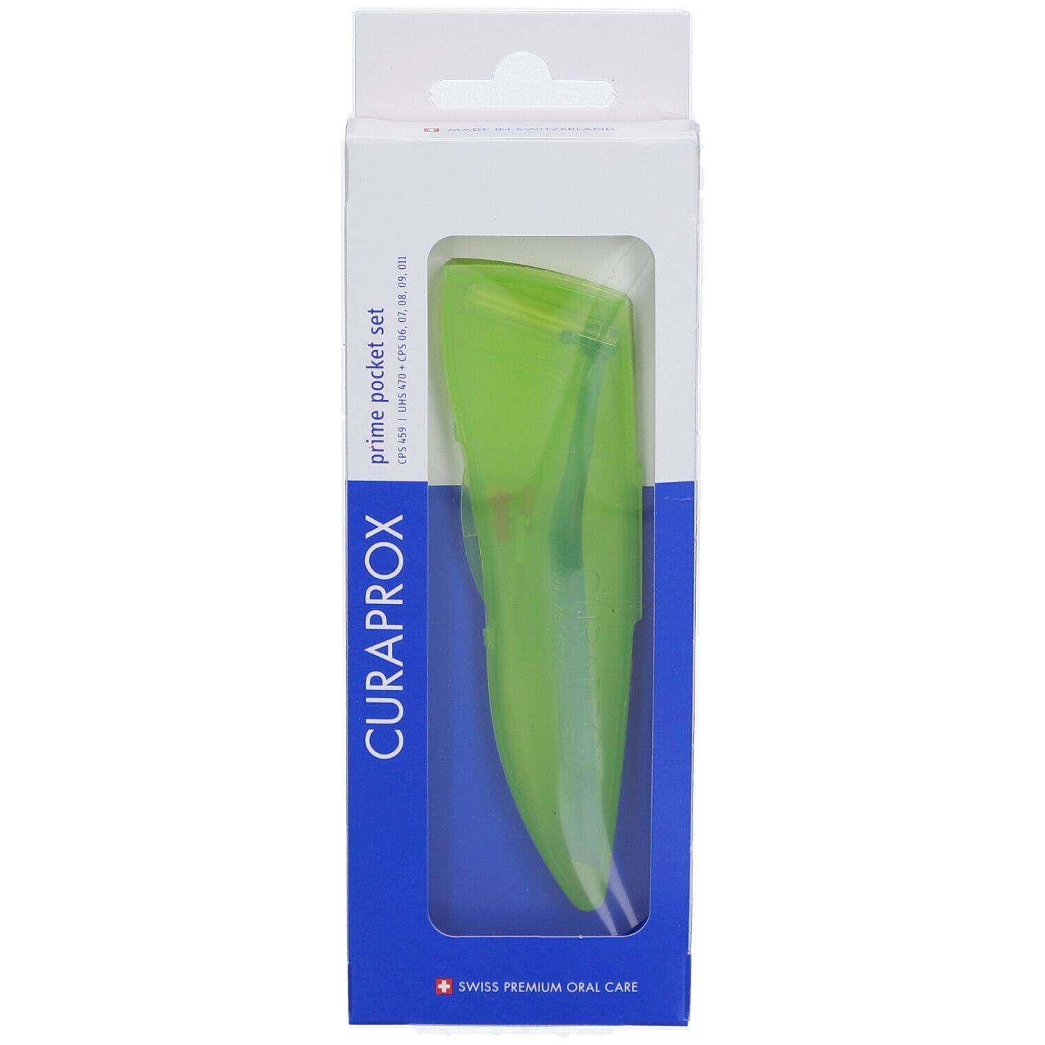 Emballage avec produit vert. CURAPROX et prime pocket set visibles.