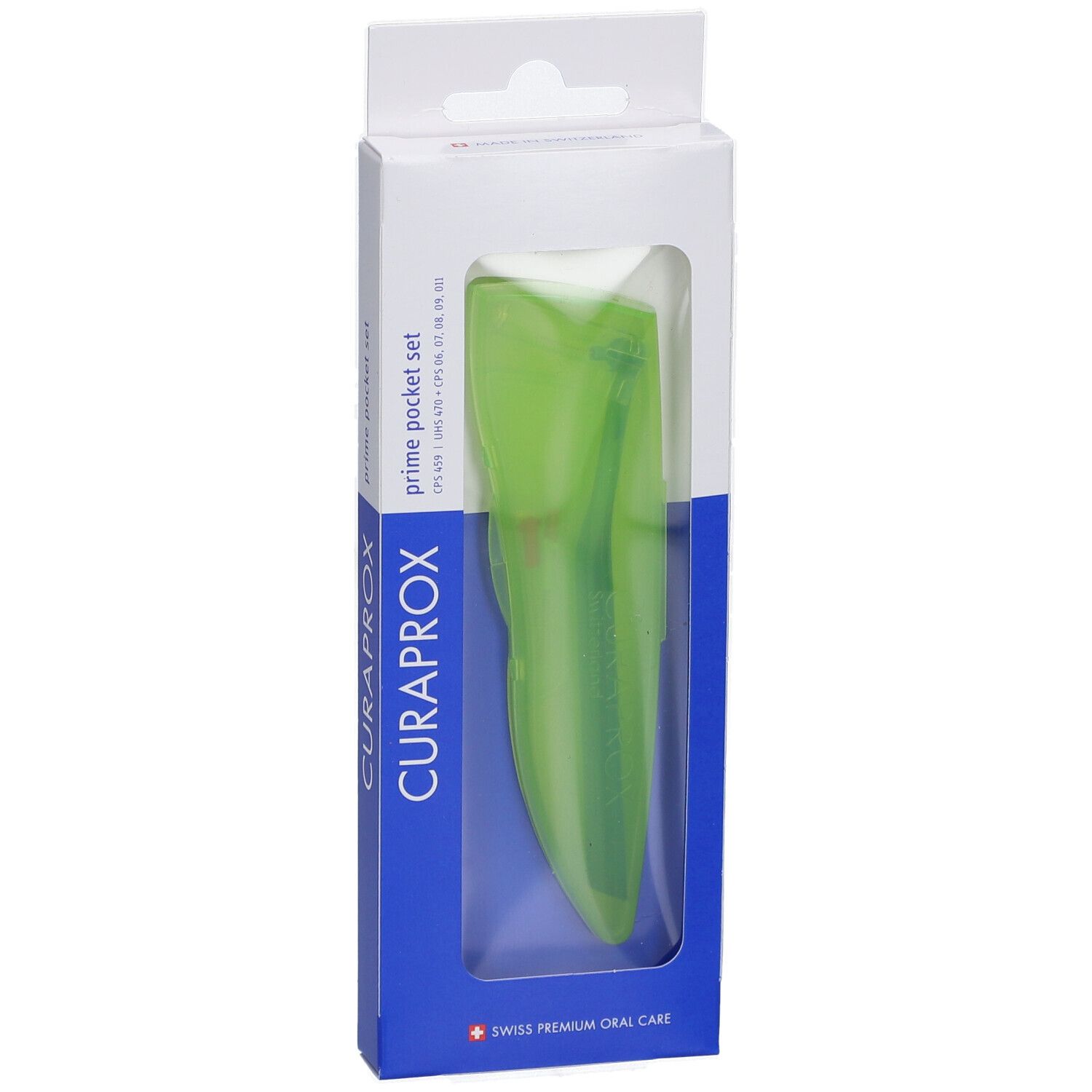 Emballage avec produit vert. CURAPROX et prime pocket set visibles.