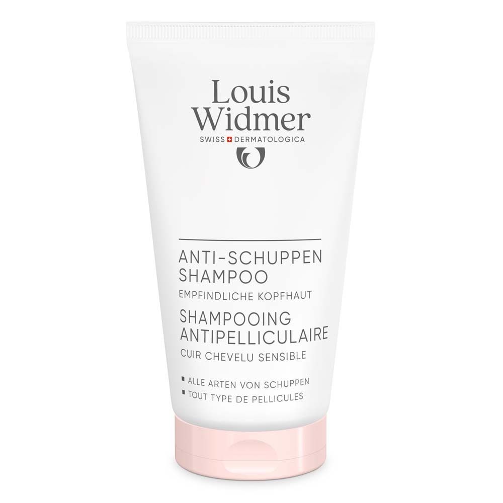 Tube de shampooing blanc avec bouchon rose. Inscription : Louis Widmer, Shampooing antipelliculaire, cuir chevelu sensible.