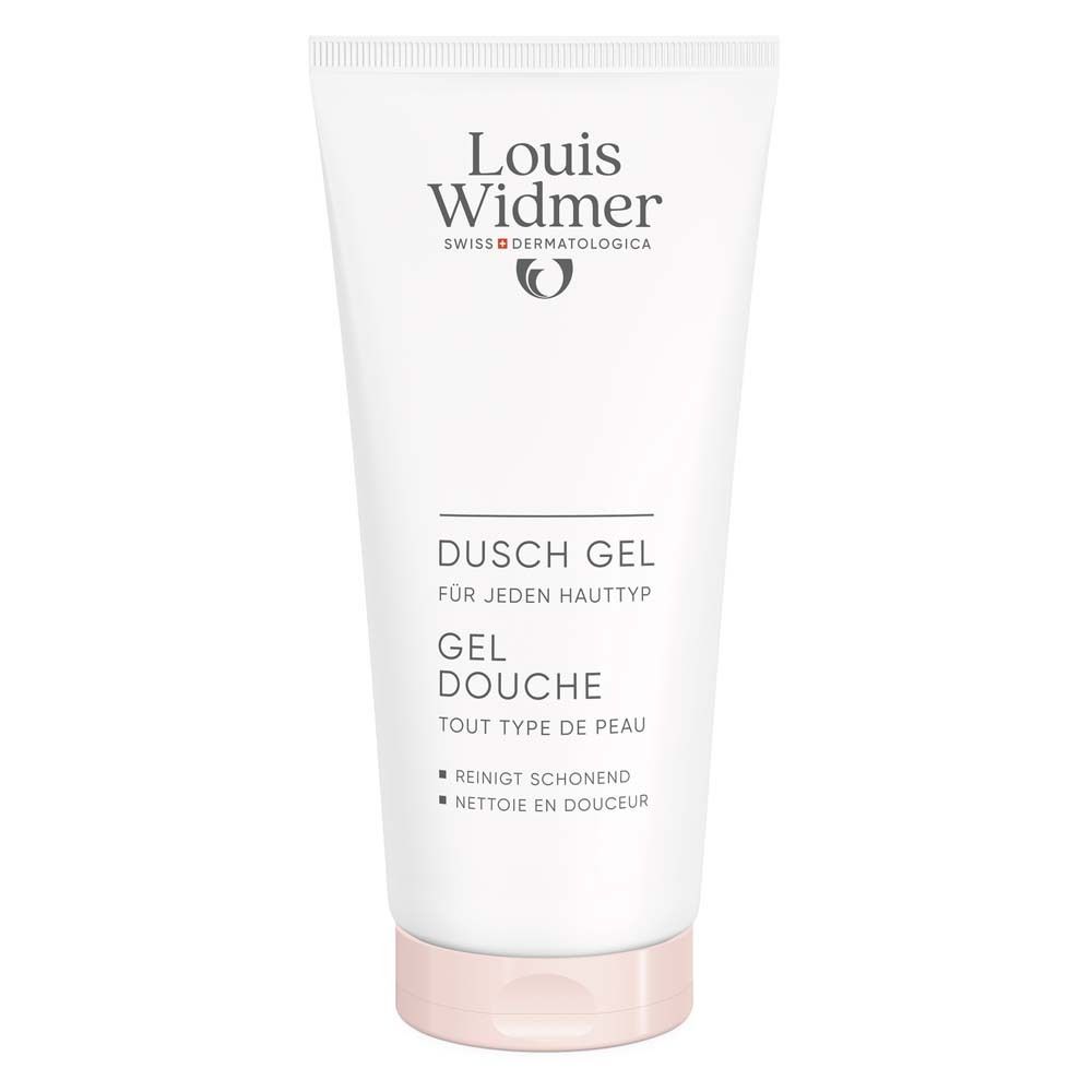 Tube blanc avec bouchon rose. Texte: Louis Widmer, Dusch Gel, pour tous types de peau, Gel Douche.