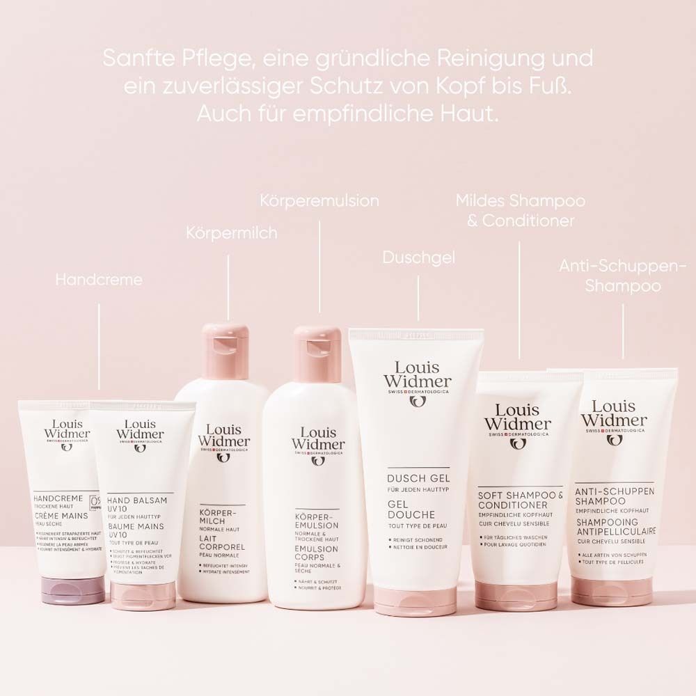 Divers produits Louis Widmer. Crème pour les mains, émulsion corporelle, gel douche, shampooing. Texte: Soin doux, protection.
