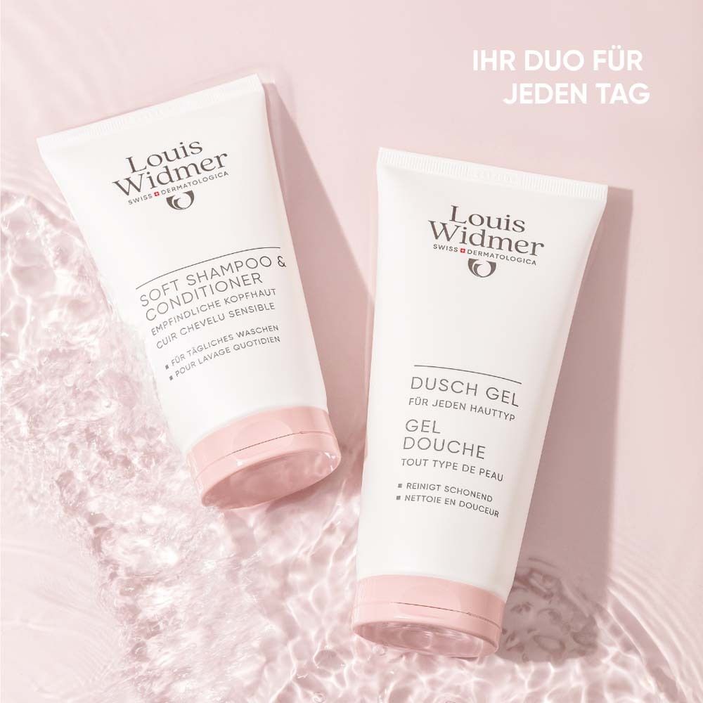 Deux tubes de gel douche et shampooing doux. Texte: Votre duo pour tous les jours. Fond rose.