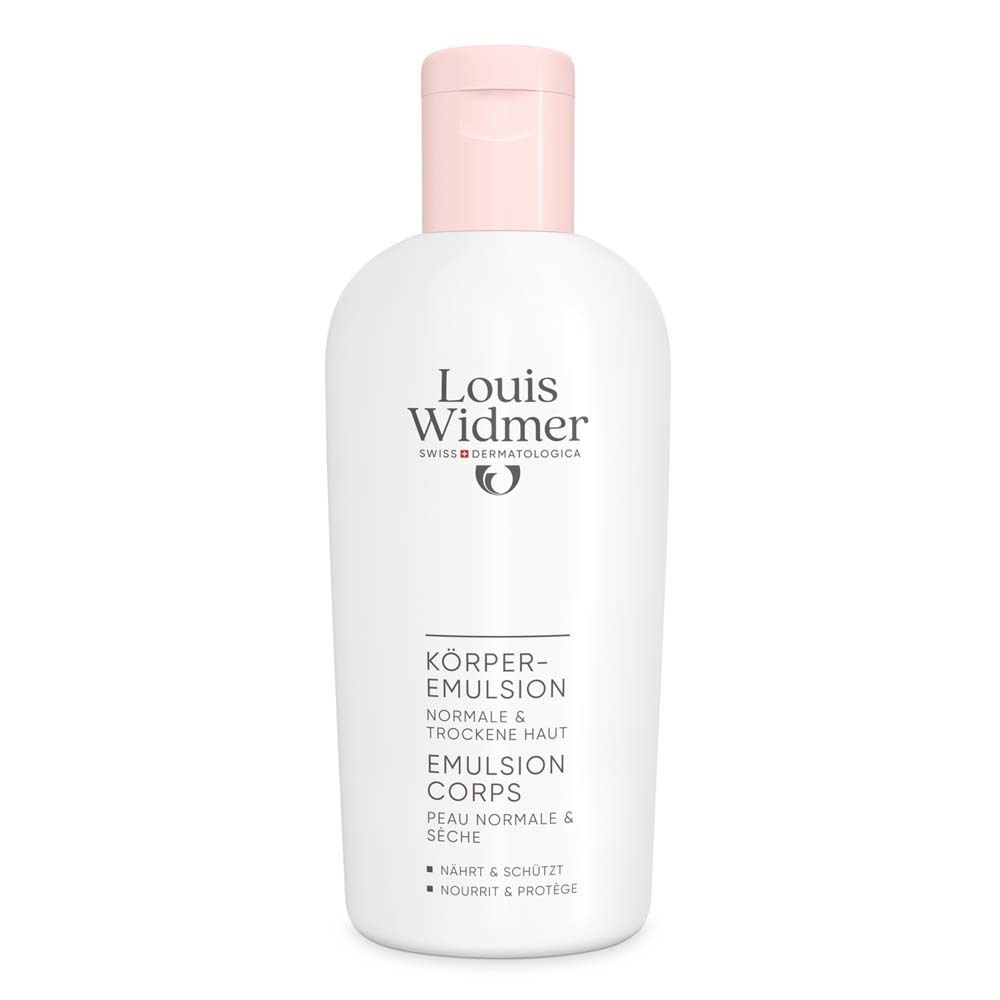 Flacon blanc avec bouchon rose. Inscription: Louis Widmer, Emulsion Corps, pour peaux normales et sèches.