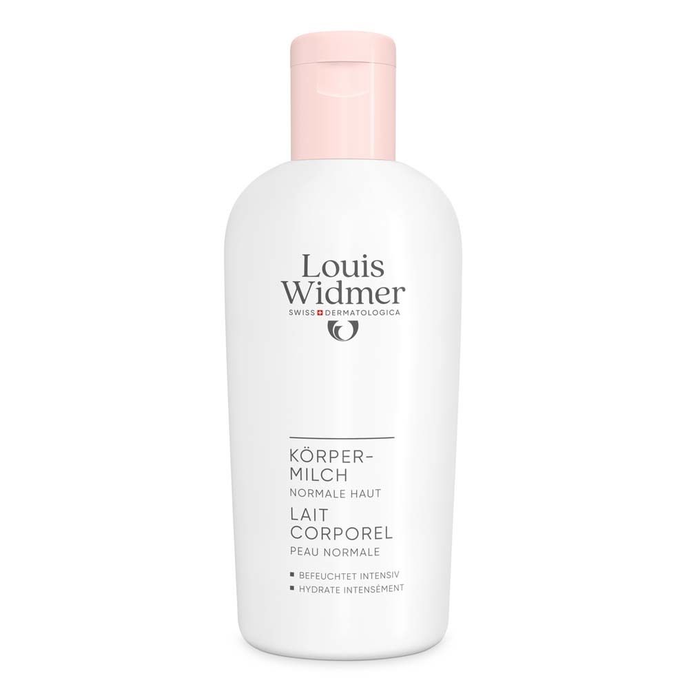 Flacon blanc avec bouchon rose. Contient du lait corporel. Marque : Louis Widmer. Texte : KÖRPERMILCH, LAIT CORPOREL.
