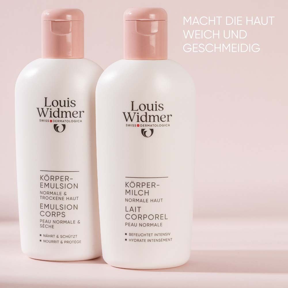 Deux flacons de lait corporel. Marque : Louis Widmer. Texte : KÖRPER-EMULSION, KÖRPERMILCH. Texte : Rend la peau douce et souple.