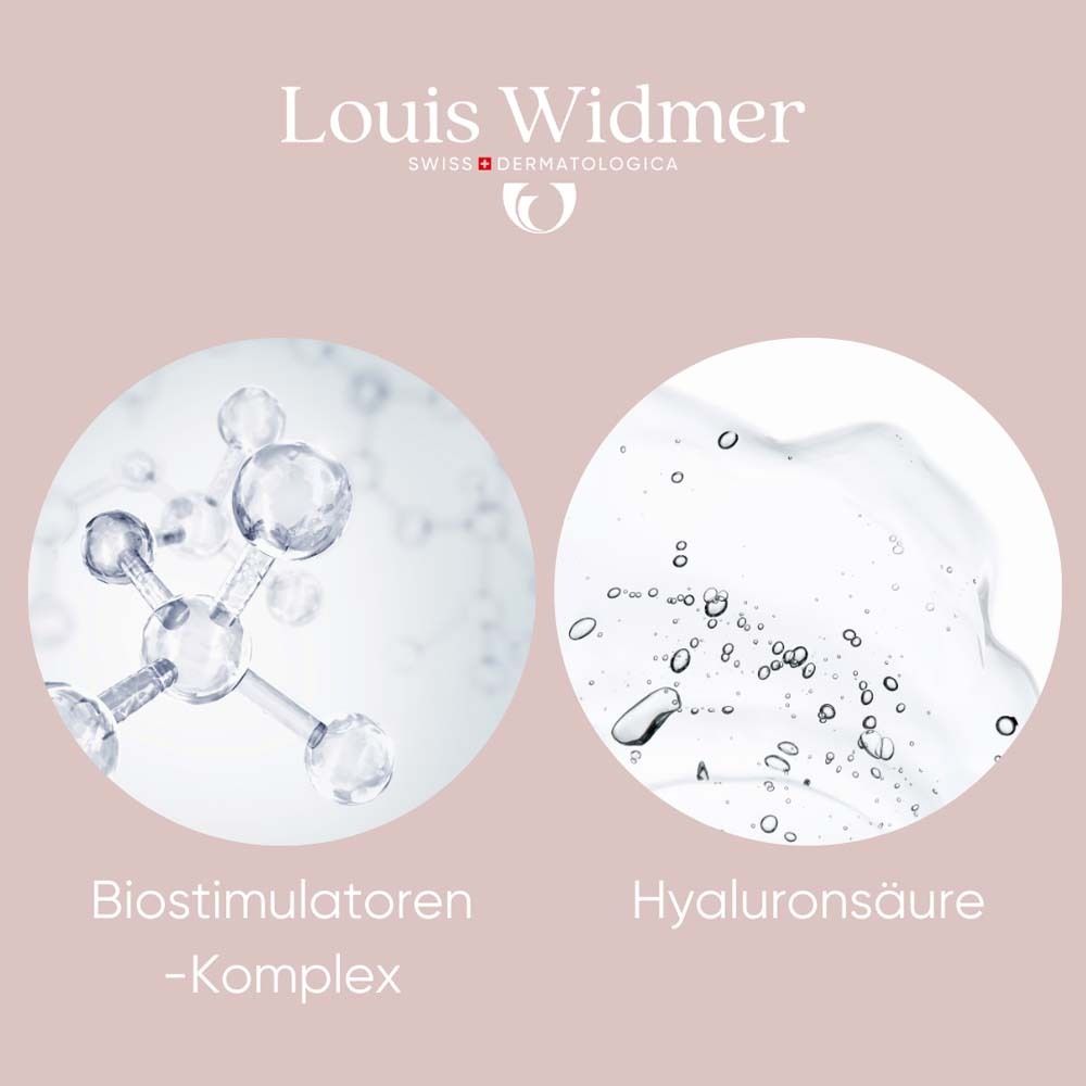 Représentation graphique de molécules et de gouttes de liquide. Texte : Complexe biostimulateurs, Acide hyaluronique.