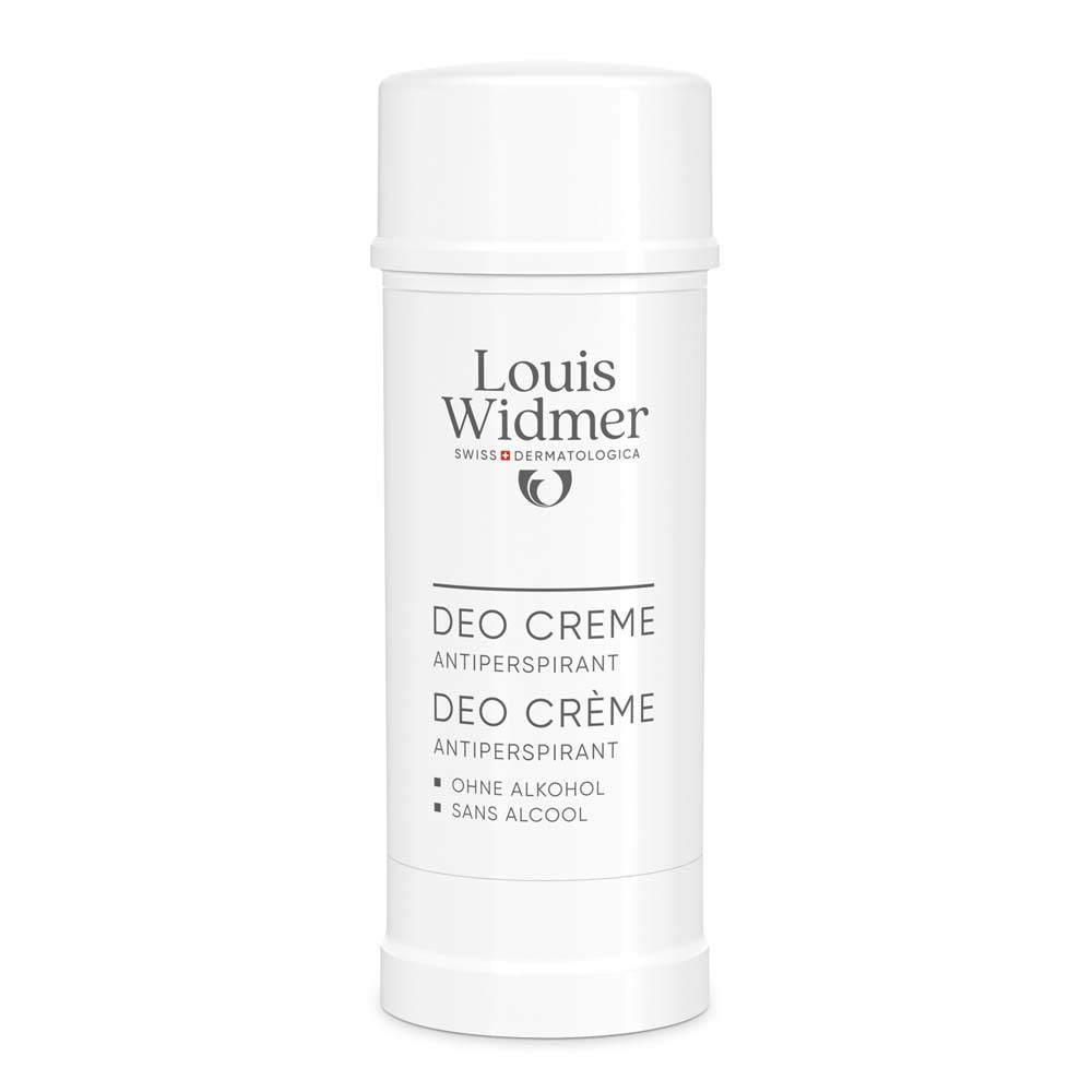 Bâton déodorant blanc avec couvercle. Inscription: Louis Widmer, Deo Crème Antiperspirant. Sans alcool.
