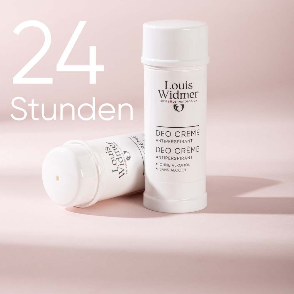 Bâton déodorant blanc avec couvercle. Inscription: Louis Widmer, Deo Crème Antiperspirant. Sans alcool.