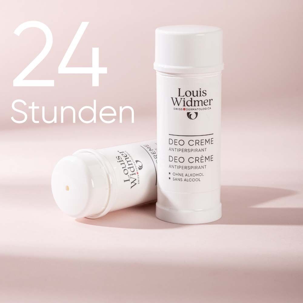 Louis Widmer Deo Crème Antiperspirant. Tube blanche avec bouchon. Texte: Deo Crème, sans alcool.