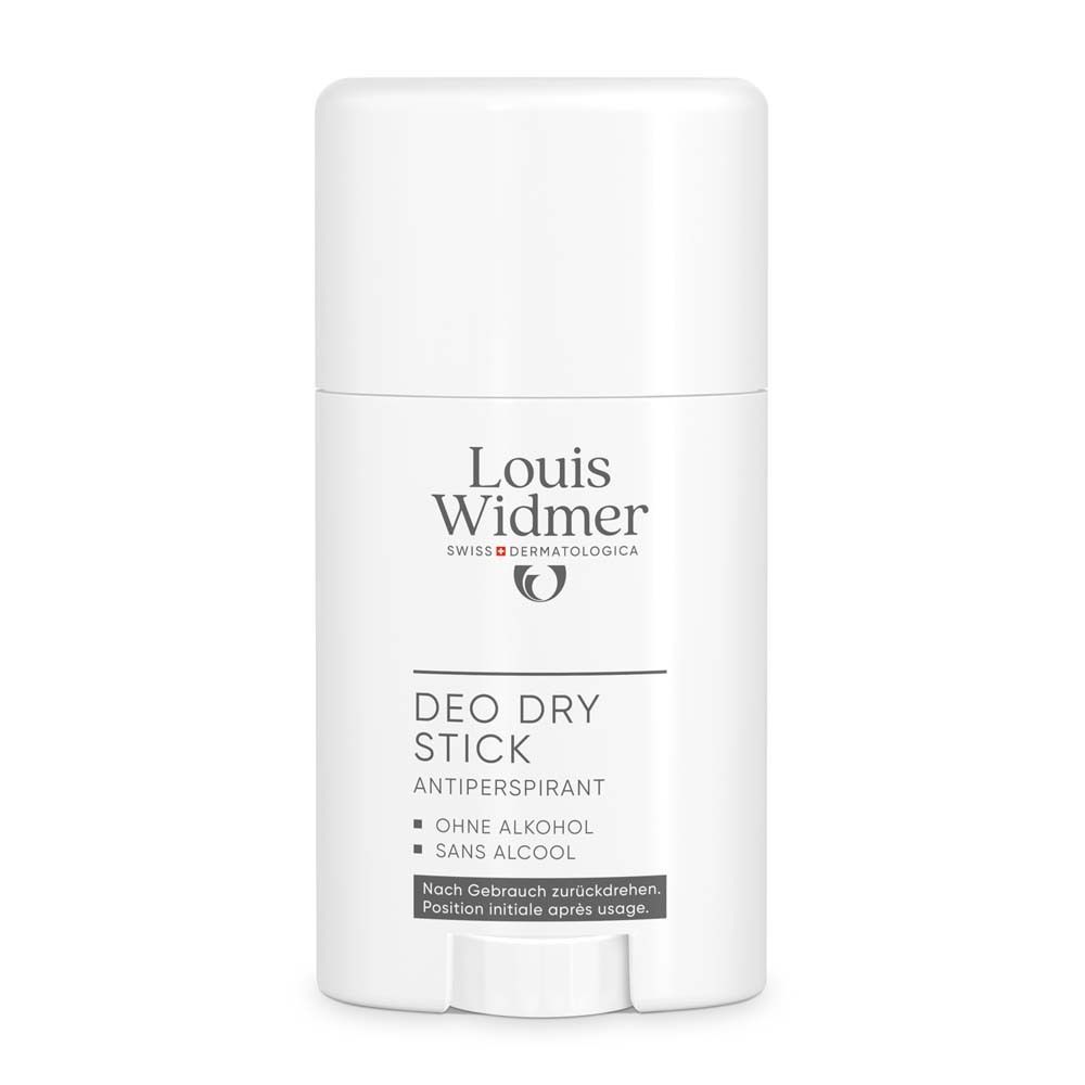 Stick déodorant sec blanc Louis Widmer. Inscription: Deo Dry Stick Antiperspirant, sans alcool. Logo suisse.