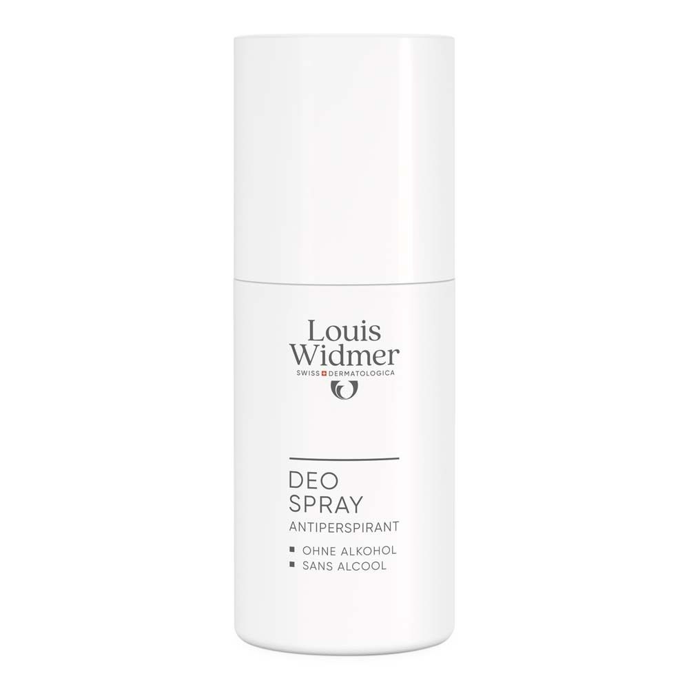 Spray déodorant blanc Louis Widmer. Inscription: Deo Spray Antiperspirant, sans alcool.