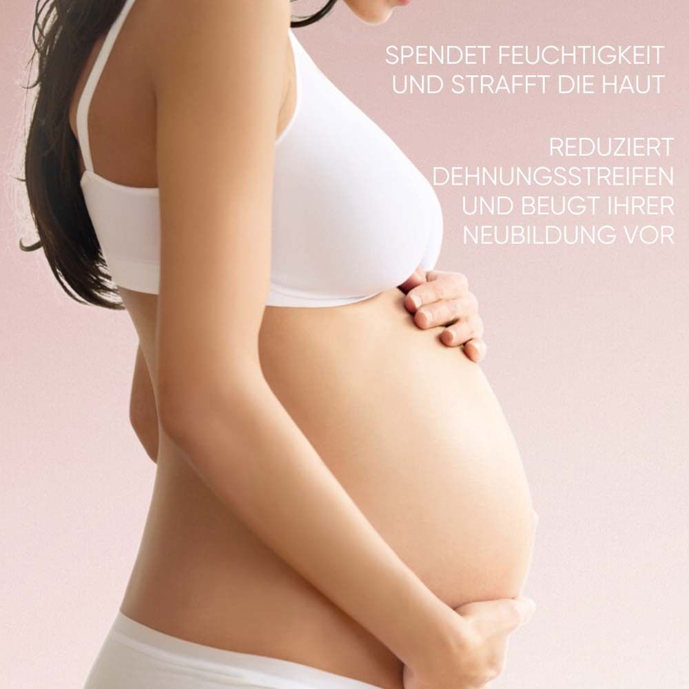 Emballage rose avec logo Louis Widmer et inscription MamaDerm. Texte : Schwangerschaftsstreifen Creme. Mindert & beugt Dehnungsstreifen vor.