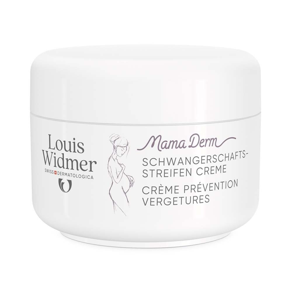 Pot blanc avec couvercle. Inscription: Louis Widmer, MamaDerm Crème Vergetures. Illustration d'une femme enceinte.