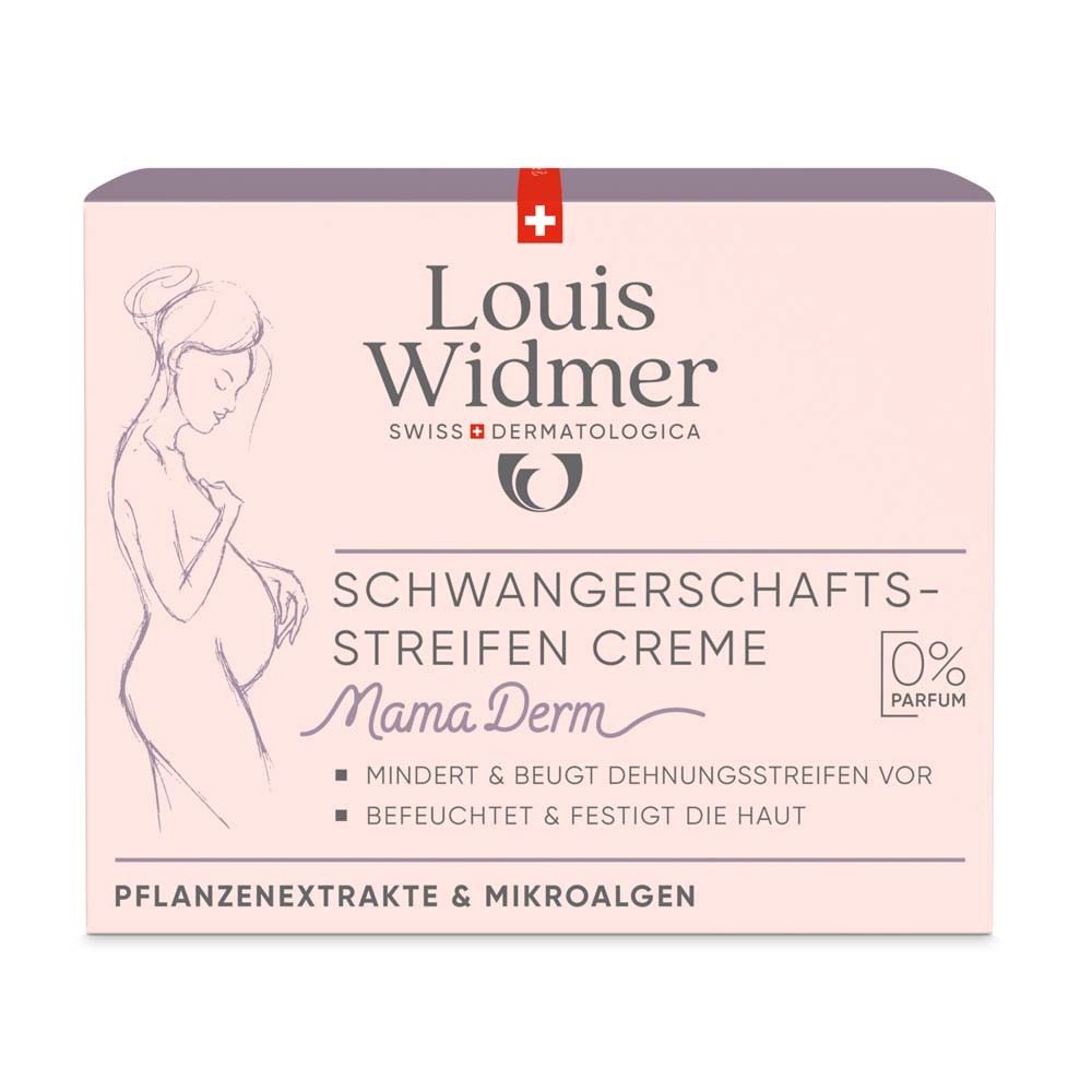 Boîte rose avec informations produit. Inscription: Louis Widmer, MamaDerm Crème Vergetures. 0% Parfum.