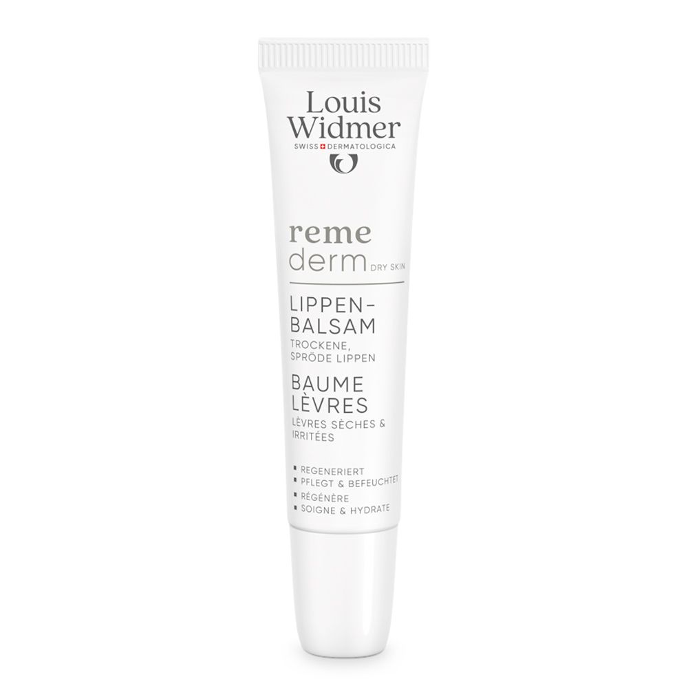 Tube blanche avec nom du produit et logo. Texte: Baume lèvres, lèvres sèches et gercées. Marque: Louis Widmer.
