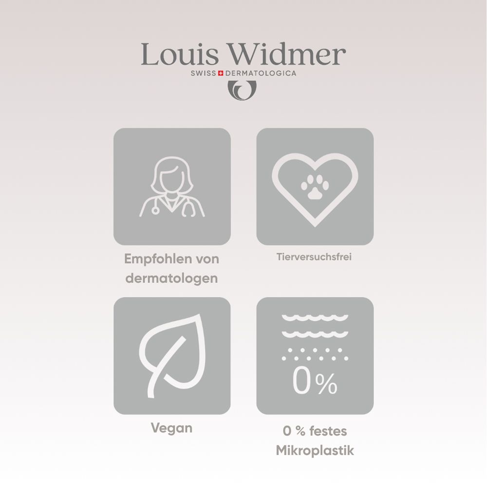 Logo et icônes. Texte: Recommandé par les dermatologues, sans tests sur les animaux, végétalien, 0% microplastiques solides. Marque: Louis Widmer.