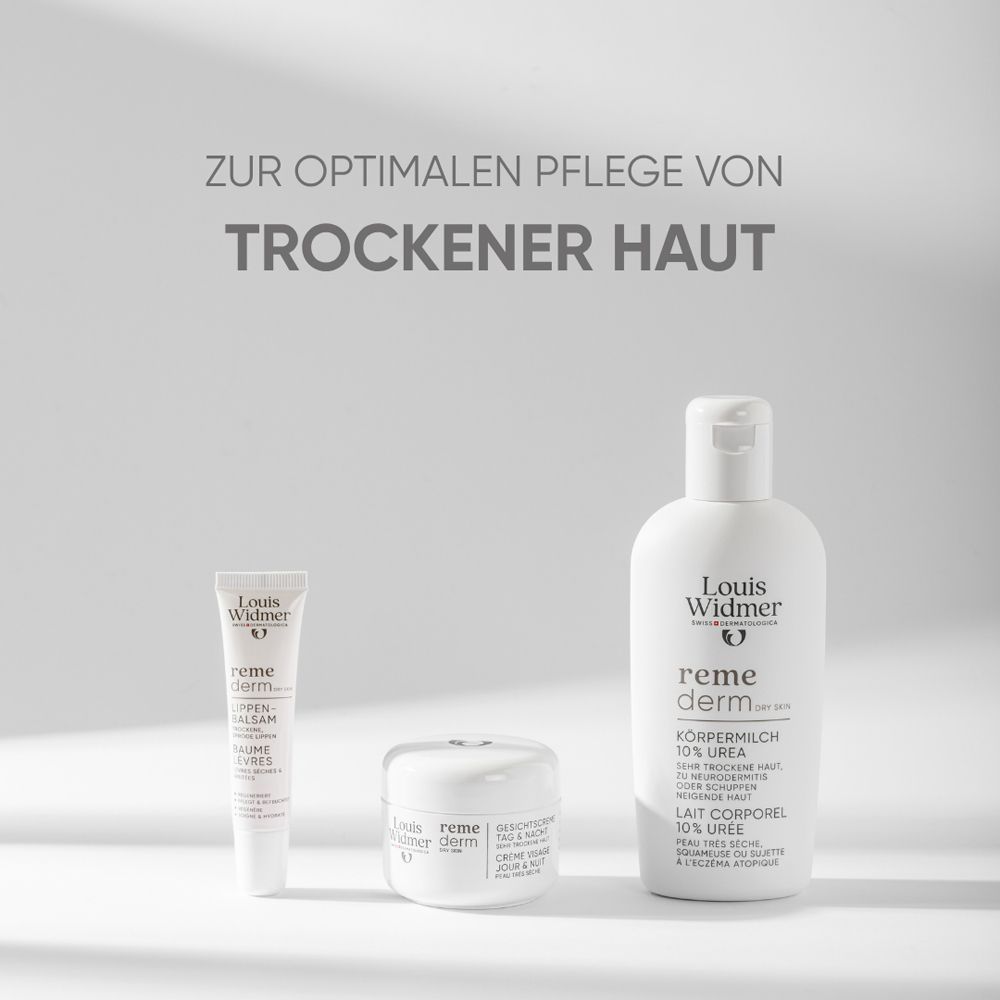 Image de trois produits Louis Widmer. Baume à lèvres, crème et lotion pour le corps. Texte: Pour le soin optimal des peaux sèches.