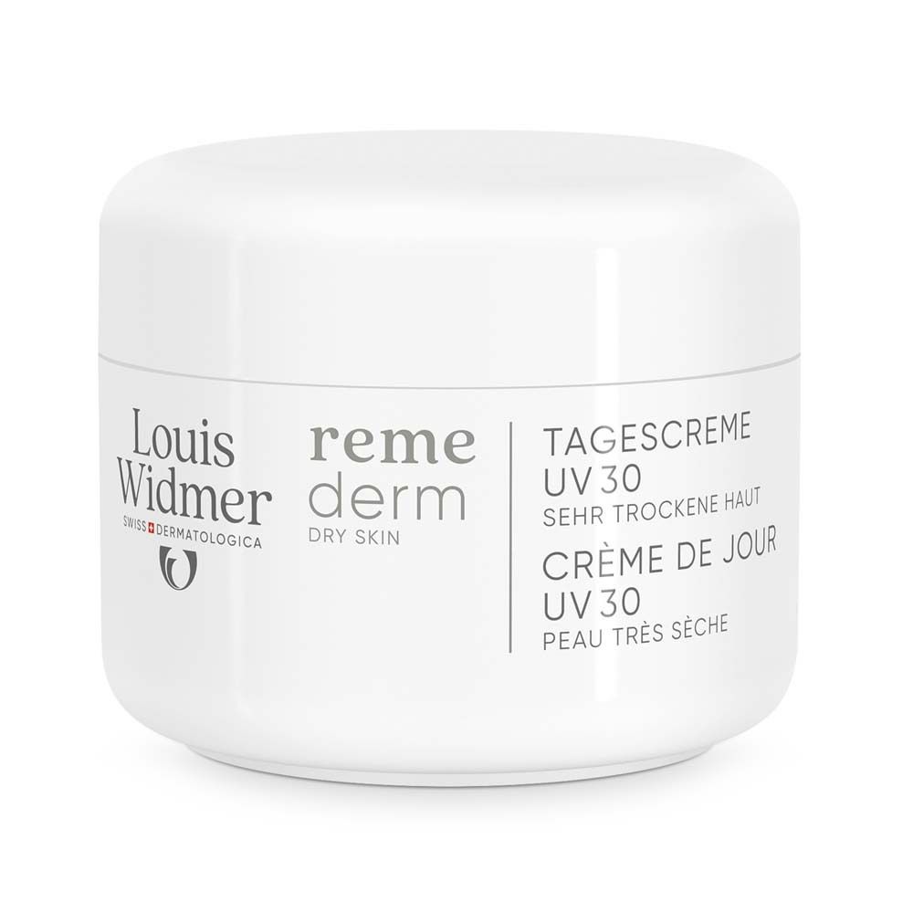 Pot de crème blanc avec logo Louis Widmer et texte. Nom du produit: Crème de jour UV 30. Pour peaux très sèches.