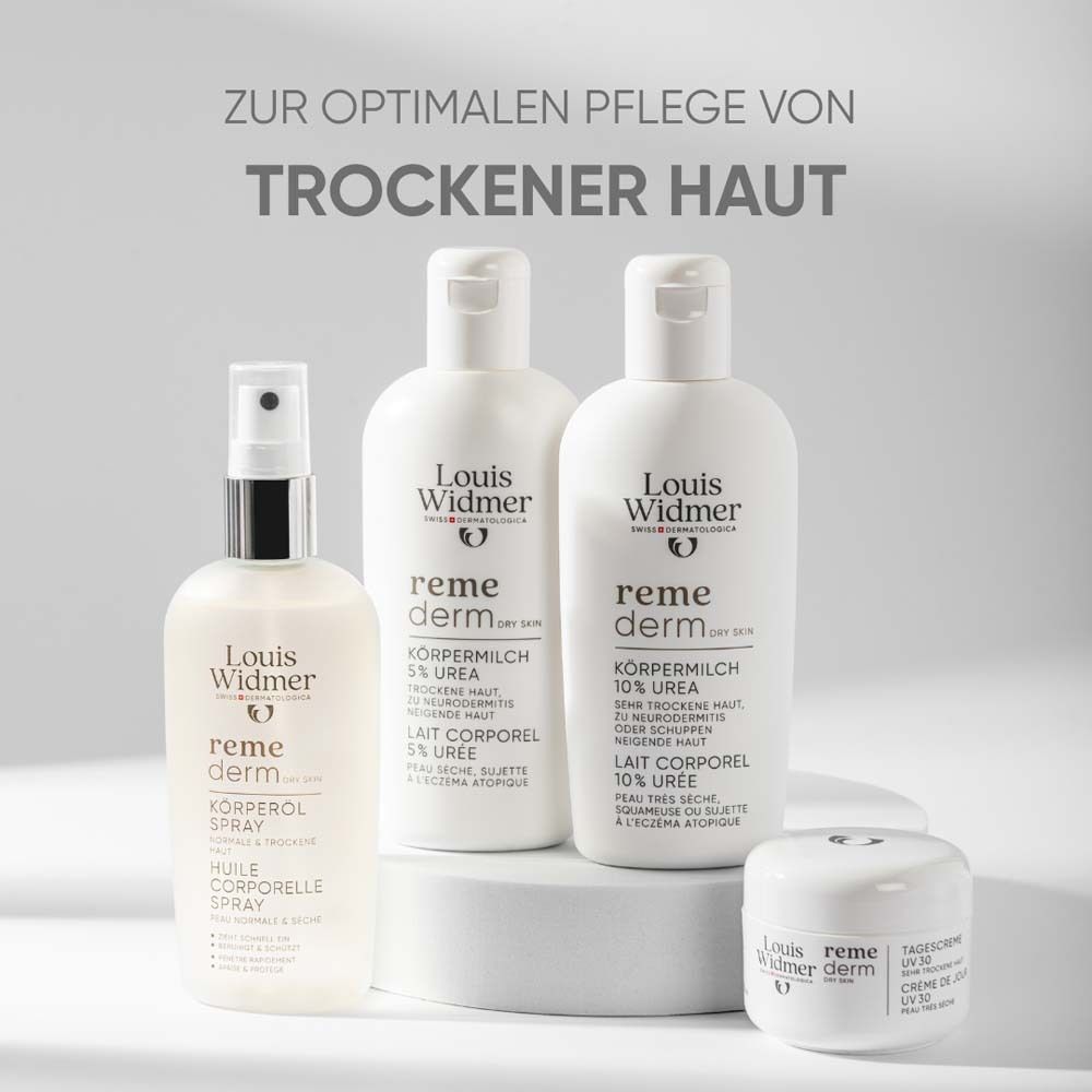 Gamme de produits pour peaux sèches. Produits: Lait corporel, spray corporel, crème de jour. Texte: Pour le soin optimal des peaux sèches.