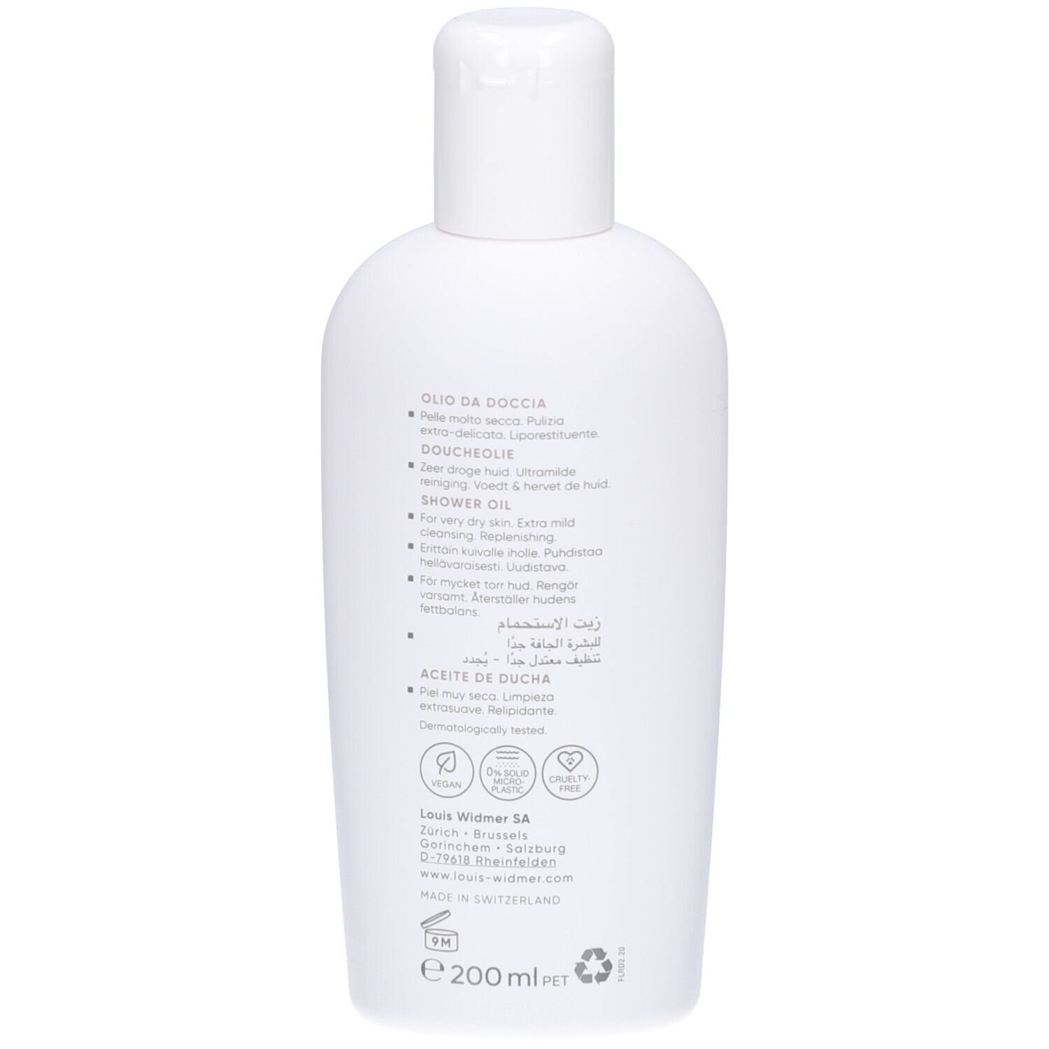 Dos du flacon blanc. Texte en plusieurs langues. Logos et informations. Volume: 200 ml.