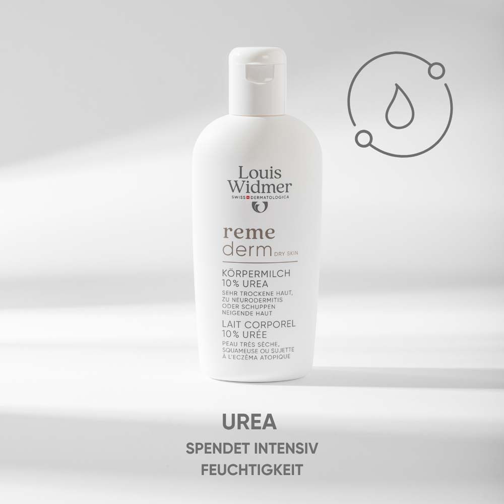 Flacon blanc Louis Widmer remederm Lait corporel 10% Urée. Texte: URÉE hydrate intensément.