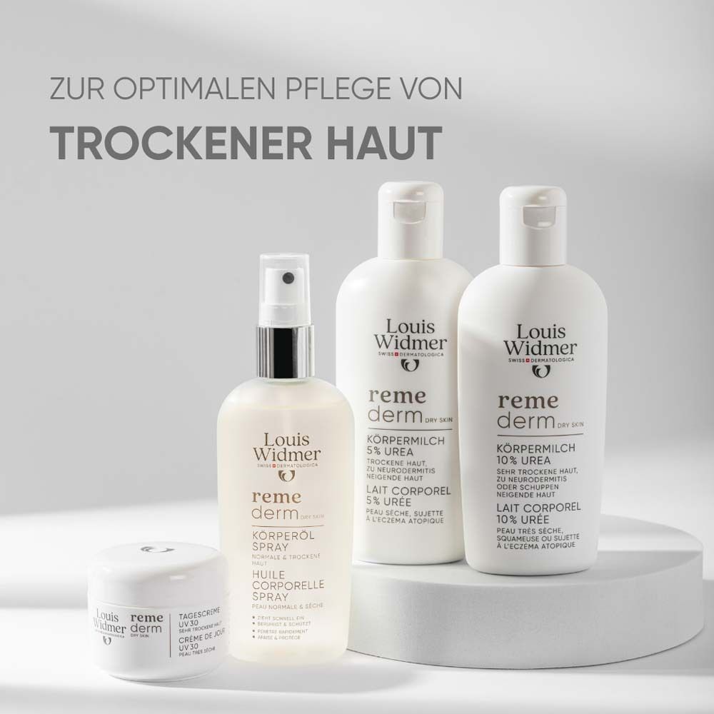 Différents produits Louis Widmer: Lait corporel 5% Urée, Lait corporel 10% Urée, Spray corporel, Crème. Pour peaux sèches.