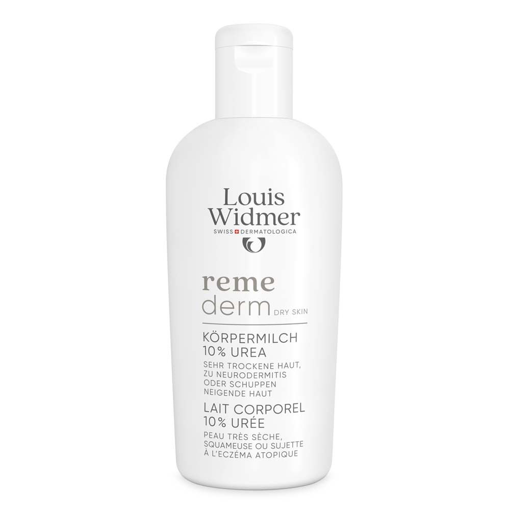 Flacon blanc Louis Widmer remederm Körpermilch 10% Urea. Texte: Körpermilch, 10% Urea, pour peau sèche. Bouchon en haut.