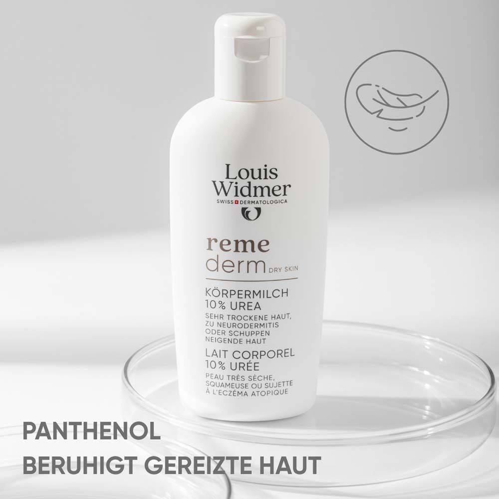 Flacon blanc Louis Widmer remederm Körpermilch 10% Urea. Texte: Körpermilch, 10% Urea, pour peau sèche. PANTHENOL apaise la peau irritée.