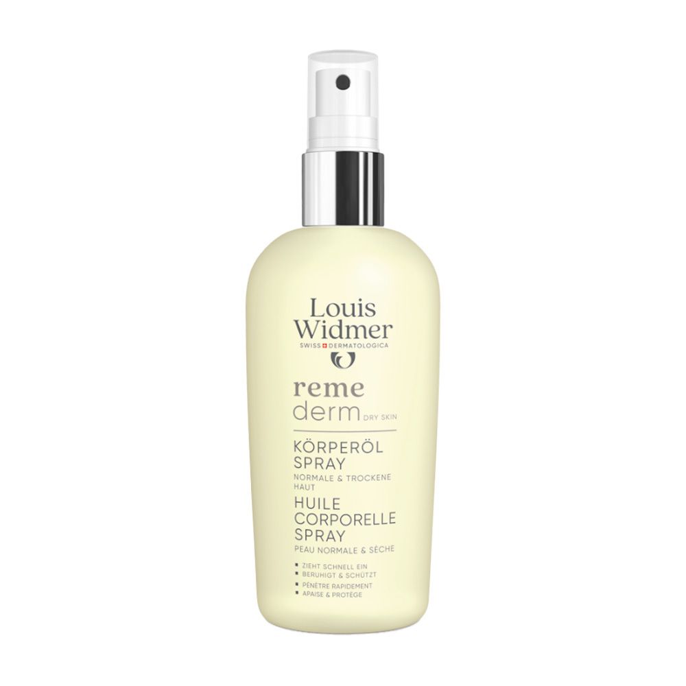 Flacon beige avec vaporisateur. Inscription: Louis Widmer, remederm, Huile corporelle Spray, pour peaux normales et sèches.