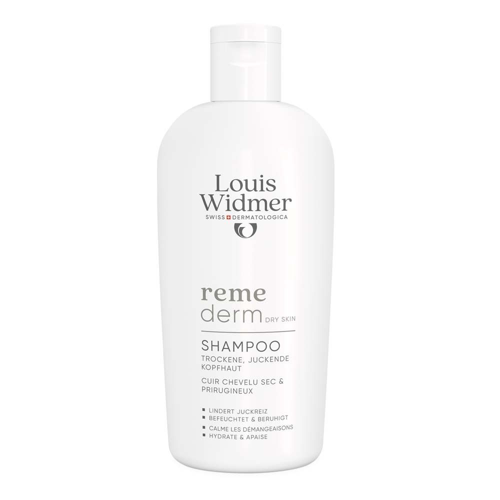 Flacon de shampooing blanc. Marque Louis Widmer, remederm. Texte: Shampooing, cuir chevelu sec et prurigineux.