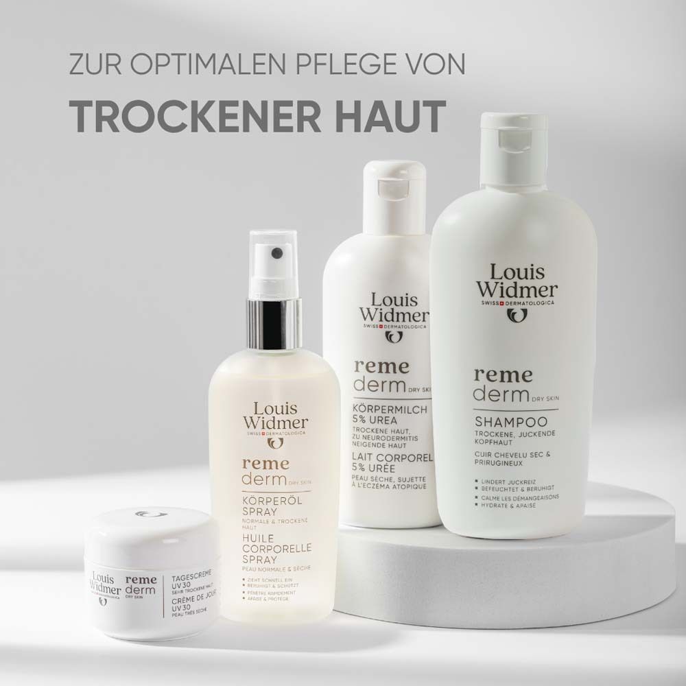 Différents produits Louis Widmer remederm. Shampooing, lotion corporelle, spray corporel et crème. Texte: Pour peau sèche.