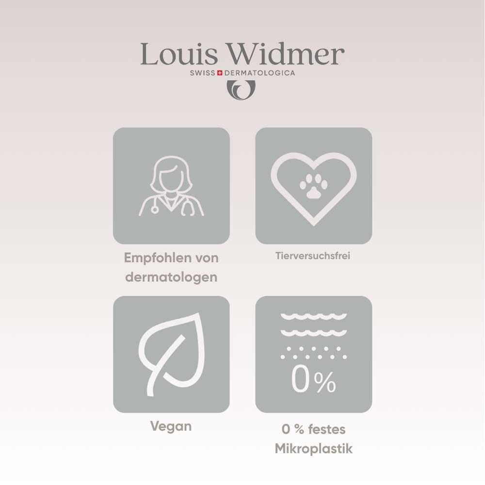 Symboles: Recommandé par les dermatologues, sans tests sur les animaux, végétalien, 0% microplastiques. Marque Louis Widmer.