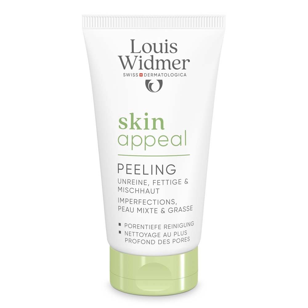 Tube de peeling Louis Widmer skinappeal. Blanc, vert. Texte : skin appeal, Peeling, sans parfum. Croix suisse.